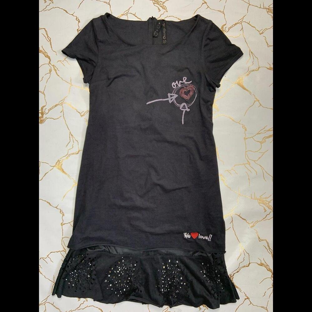 Desigual Women Dark Grey Sleveless Lined Zip Dress Size Medium Embroidered